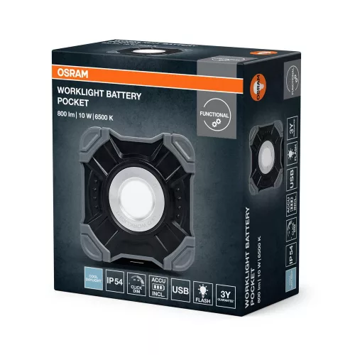 Kültéri LED reflektor akkumulátoros dimmelhető 10W 6500K hideg fehér 800lm fekete szürke IP54 Worklights Osram