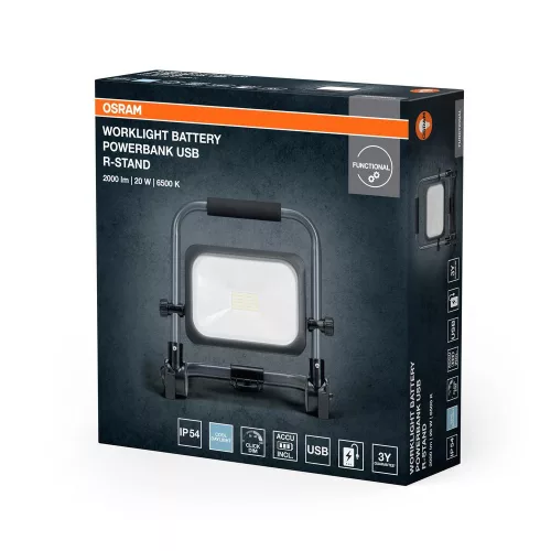 Kültéri LED reflektor akkumulátoros dimmelhető 20W 6500K hideg fehér 2000lm fekete szürke IP54 Worklights Osram