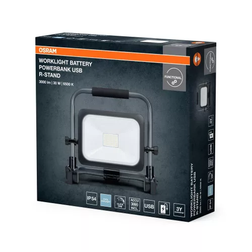 Kültéri LED reflektor akkumulátoros dimmelhető 30W 6500K hideg fehér 3000lm fekete szürke IP54 Worklights Osram