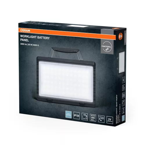 Akkumulátoros kültéri LED reflektor, dimmelhető 26W 6500K hideg fényű 3000lm fekete-szürke IP54 Worklights Osram