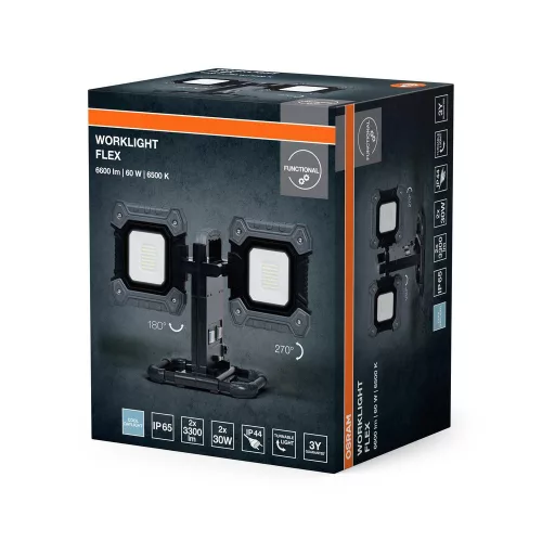 Kültéri LED reflektor hordozható akkumulátoros 60W 6500K hideg fehér 6450lm fekete szürke IP65 Worklights Osram
