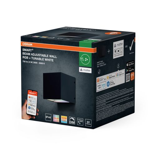 Kerti fali lámpa, kültéri LED homlokzati lámpa, 8W, 320lm, 3000-6500K, CCT, RGB, szabályozható fényerejű, fekete, IP44, Osram SMART+ MATTER