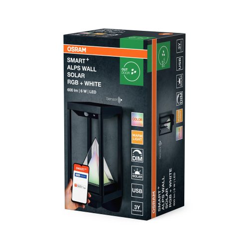 Kerti fali lámpa, kültéri LED homlokzati lámpa mozgás- és alkonyérzékelővel, 6W, 400lm, 3000K, meleg, RGB, szabályozható, fekete, IP44, Osram SMART+ BT