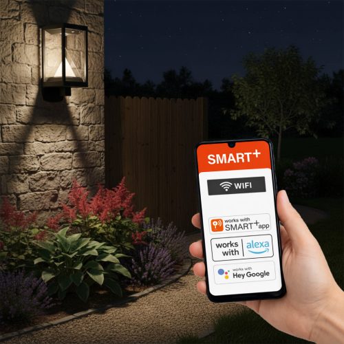 Kerti fali lámpa, kültéri LED homlokzati lámpa mozgás- és alkonyérzékelővel, 6W, 400lm, 3000K, meleg, RGB, szabályozható, fekete, IP44, Osram SMART+ BT