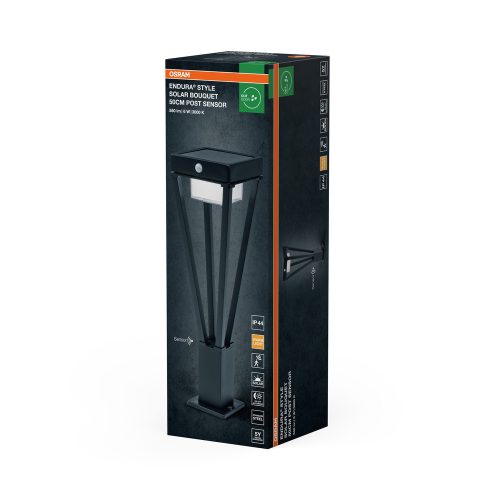 Napelemes kerti lámpa, kültéri álló LED, mozgás- és alkonykapcsolóval, 6W, 550lm, 3000K, meleg fekete, IP44, Endura, Osram