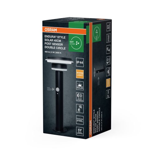 Endura Osram napelemes kerti lámpa, kültéri álló LED, mozgás- és alkonykapcsolóval, 6W, 400lm, 3000K, meleg, szabályozható fényerejű, fekete, IP44