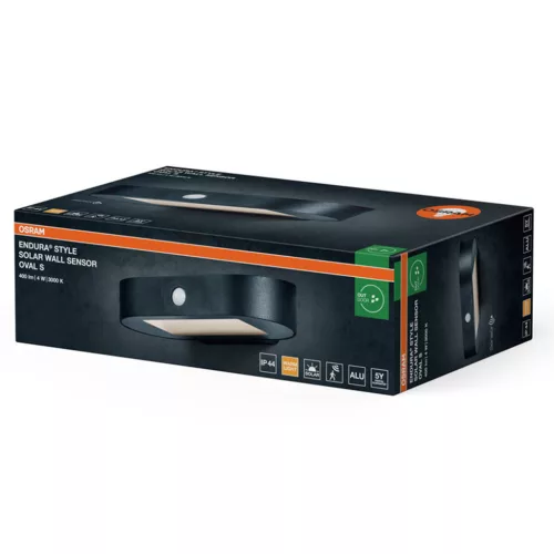 Napelemes kerti fali lámpa, kültéri LED homlokzati lámpa mozgás- és alkonykapcsolóval, 4W, 380lm, 3000K, meleg fekete, IP44, Endura Osram