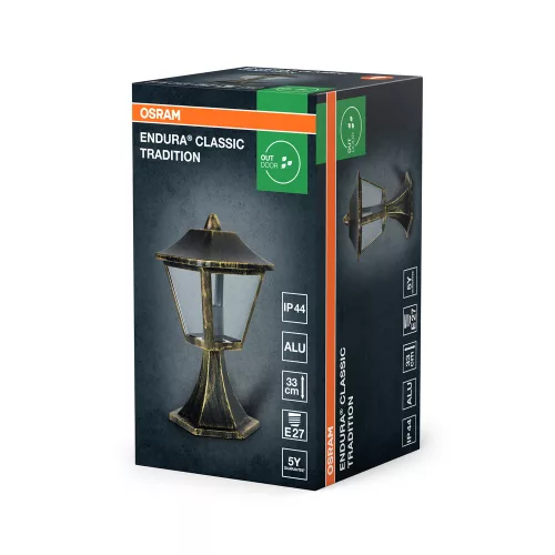 Endura Osram kültéri oszlop alakú kerti lámpa E27 fekete arany IP44
