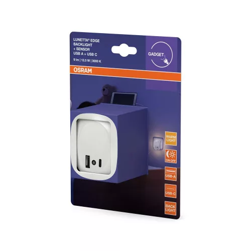 Konnektorba dugható LED éjszakai irányfény alkonyérzékelővel, 12.5W 3000K meleg fényű 9lm, fehér Lunetta Osram