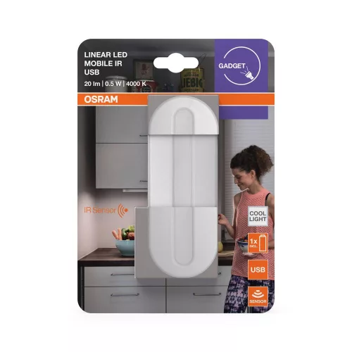 Szekrény alatti bútor LED lámpa, akkumulátoros, mozgásérzékelővel, 0.5W 4000K semleges fényű 20lm CRI90, fehér LINEAR Osram