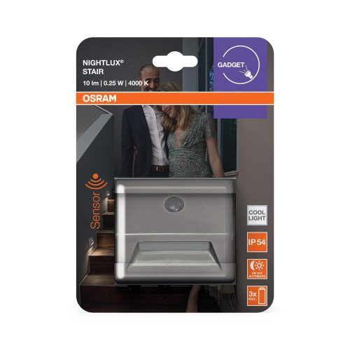 Elemmel működő LED lépcsővilágítás mozgás- és alkonyérzékelővel 0.25W 4000K semleges 10lm ezüst IP54 NIGHTLUX Osram