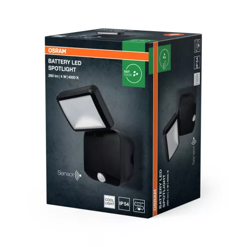 LED reflektor, elemes reflektor, 4W, 260lm, 4000K, IP54, fekete, mozgás- és alkonyérzékelős spotlámpával, Osram