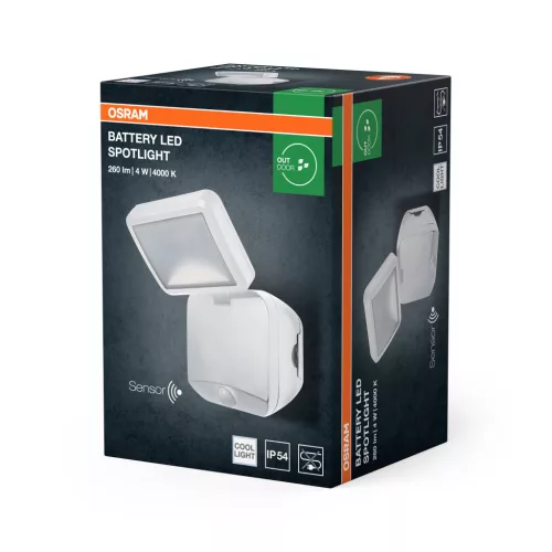 LED reflektor, elemes reflektor, 4W, 260lm, 4000K, IP54, fehér, mozgás- és alkonyérzékelős spotlámpával, Osram