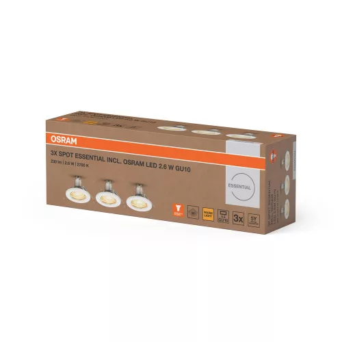 3 db-os süllyesztett halogén LED mennyezeti spotlámpa, kerek, GU10, 2,6 W, 230 lm, 2700 K, meleg fehér, Essential Osram