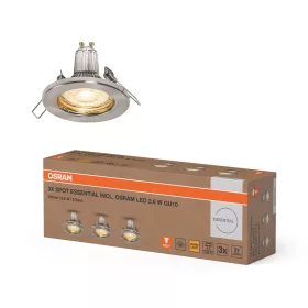   3 db-os süllyesztett halogén LED mennyezeti spotlámpa, kerek, GU10, 2,6 W, 230 lm, 2700 K, meleg, szálcsiszolt nikkel, Essential Osram