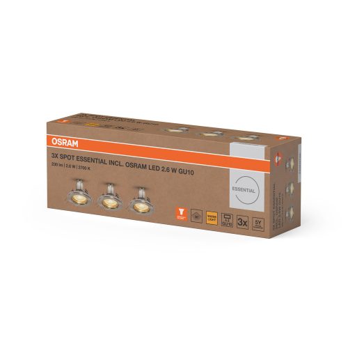 3 db-os süllyesztett halogén LED mennyezeti spotlámpa, kerek, GU10, 2,6 W, 230 lm, 2700 K, meleg, szálcsiszolt nikkel, Essential Osram