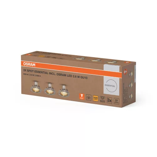 3 db-os süllyesztett halogén LED mennyezeti spotlámpa, kerek, GU10, 2,6 W, 230 lm, 2700 K, meleg, szálcsiszolt nikkel, Essential Osram