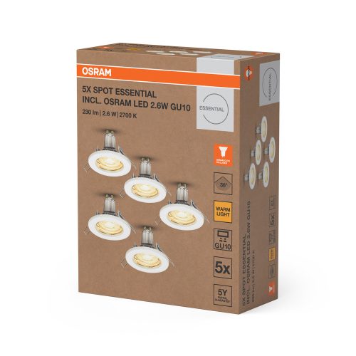 5 db-os süllyesztett halogén LED mennyezeti spotlámpa, kerek, GU10, 2,6 W, 230 lm, 2700 K, meleg fehér, Essential Osram
