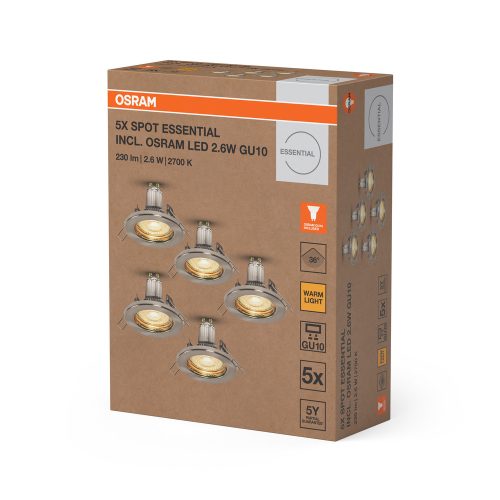 db-os süllyesztett halogén LED mennyezeti spotlámpa, kerek, GU10, 2,6 W, 230 lm, 2700 K, meleg, nikkel, szálcsiszolt, Essential Osram