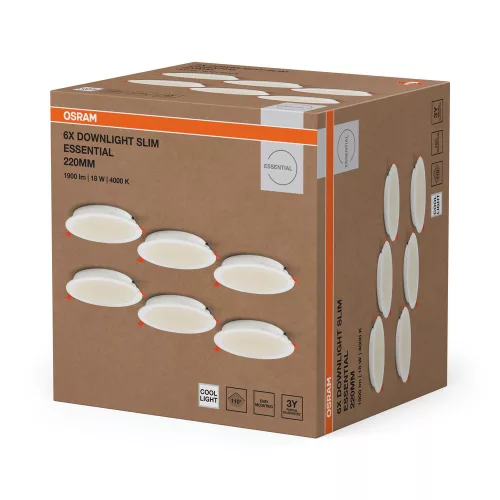 6 db-os süllyesztett halogén LED mennyezeti spotlámpa, kerek, 18W, 1650lm, 4000K, semleges fehér, Essential Osram