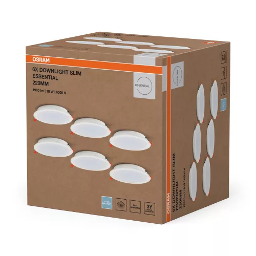 6 db-os süllyesztett halogén LED mennyezeti spotlámpa, kerek, 18W, 1650lm, 6500K, hideg fehér, Essential Osram