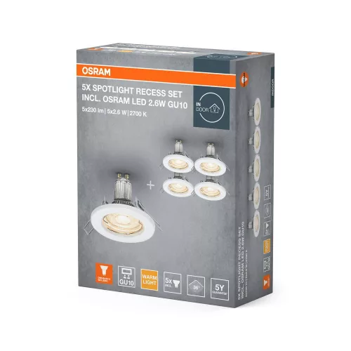LED panel, süllyesztett lámpatest, LED spot GU10, 2,6 W, 2700 K, meleg fehér, 230 lm, Osram