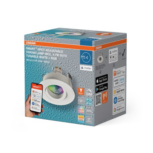 Süllyesztett LED mennyezeti lámpa, hermetikus, IP44, fürdőszobai, mozgatható, kerek, GU10, 4,7 W, 250 lm, 2700-6500 K, CCT, RGB, szabályozható fényerejű, IP65, fehér spot, Smart+ WiFi, süllyesztett, Osram