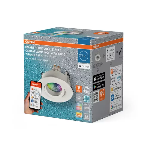 Süllyesztett LED mennyezeti lámpa, hermetikus, IP44, fürdőszobai, mozgatható, kerek, GU10, 4,7 W, 250 lm, 2700-6500 K, CCT, RGB, szabályozható fényerejű, IP65, fehér spot, Smart+ WiFi, süllyesztett, Osram