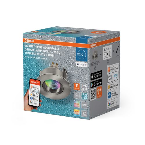 Süllyesztett LED mennyezeti lámpa, hermetikus, IP44, fürdőszobai, mozgatható, kerek, GU10, 4,7 W, 250 lm, 2700-6500 K, CCT, RGB, szabályozható fényerejű, IP65, nikkel spotlámpa, Smart+ WiFi, süllyesztett, Osram