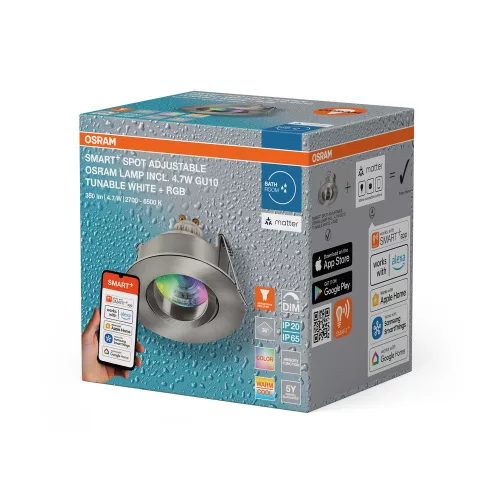 Süllyesztett LED mennyezeti lámpa, hermetikus, IP44, fürdőszobai, mozgatható, kerek, GU10, 4,7 W, 250 lm, 2700-6500 K, CCT, RGB, szabályozható fényerejű, IP65, nikkel spotlámpa, Smart+ WiFi, süllyesztett, Osram