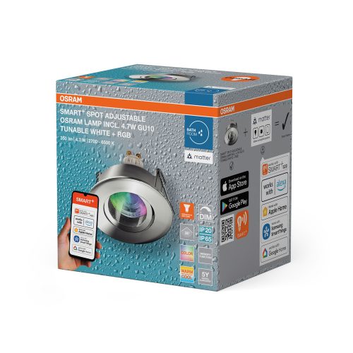 Süllyesztett LED mennyezeti lámpa, hermetikus, IP44, fürdőszobai, mozgatható, kerek, GU10, 4,7 W, 250 lm, 2700-6500 K, CCT, RGB, szabályozható fényerejű, IP65, króm, spotlámpa, Smart+ WiFi, süllyesztett, Osram