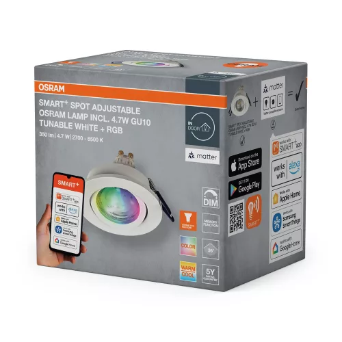 Süllyesztett halogén LED mennyezeti lámpa, mozgatható kerek, GU10, 4,7 W, 315 lm, 2700-6500 K, CCT, RGB, fehér spot, Smart+ WiFi, süllyesztett, Osram