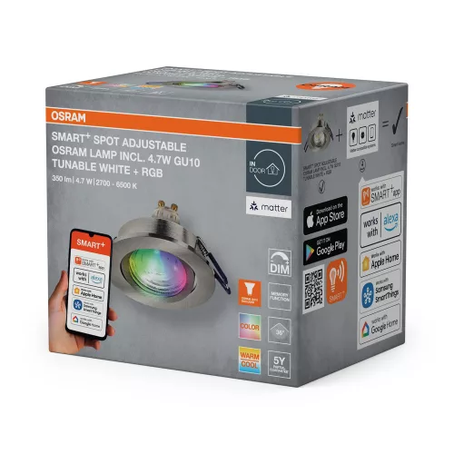 Süllyesztett halogén LED mennyezeti lámpa, mozgatható kerek, GU10, 4,7 W, 315 lm, 2700-6500 K, CCT, RGB, szatén nikkel, Smart+ WiFi, süllyesztett, Osram