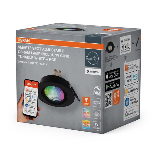Süllyesztett halogén LED mennyezeti lámpa, mozgatható kerek, GU10, 4,7 W, 315 lm, 2700-6500 K, CCT, RGB, fekete spotlámpa, Smart+ WiFi, süllyesztett, Osram