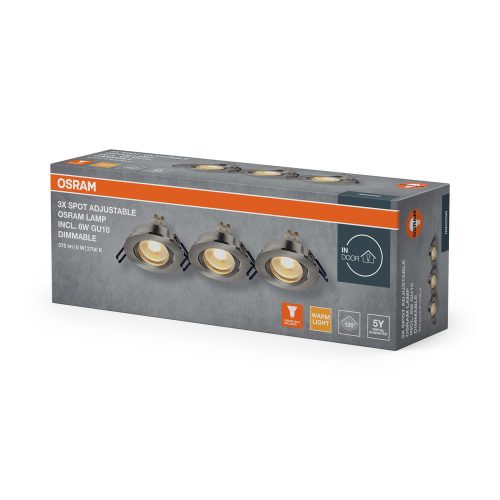 db süllyesztett halogén LED mennyezeti spotlámpa, mozgatható, kerek, GU10, 6 W, 500 lm, 2700 K, meleg, szabályozható, szatén nikkel, süllyesztett, Osram