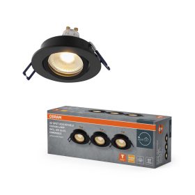   3 db süllyesztett halogén LED mennyezeti lámpa szett, mozgatható kerek, GU10, 6W, 500lm, 2700K, meleg, szabályozható, fekete, süllyesztett spotlámpa, Osram