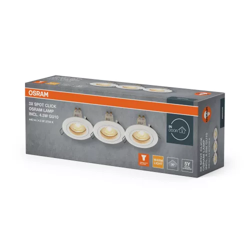 3 db süllyesztett halogén LED mennyezeti spotlámpa, kerek, GU10, 4,5 W, 400 lm, 2700 K, meleg fehér, süllyesztett, Osram