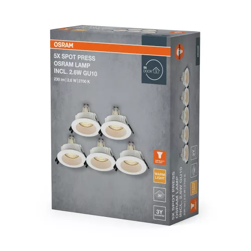 5 db süllyesztett halogén LED mennyezeti spotlámpa, kerek, GU10, 2,6 W, 200 lm, 2700 K, meleg fehér, süllyesztett, Osram