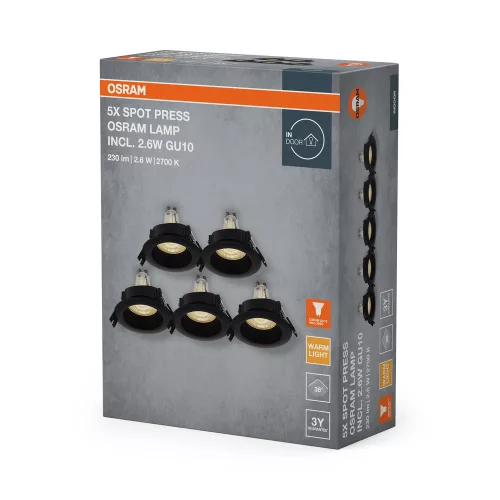 5 db süllyesztett halogén LED mennyezeti spotlámpa, kerek, GU10, 2,6 W, 200 lm, 2700 K, meleg fekete, süllyesztett, Osram