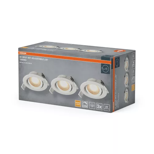 3 db süllyesztett halogén LED mennyezeti spotlámpa, kerek, 4,9 W, 220 lm, 2700 K, meleg, szabályozható fehér, süllyesztett, Osram