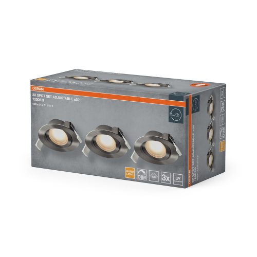 3 db süllyesztett halogén LED mennyezeti spotlámpa, kerek, 4,9 W, 200 lm, 2700 K, meleg, szabályozható, szatén nikkel, süllyesztett Osram