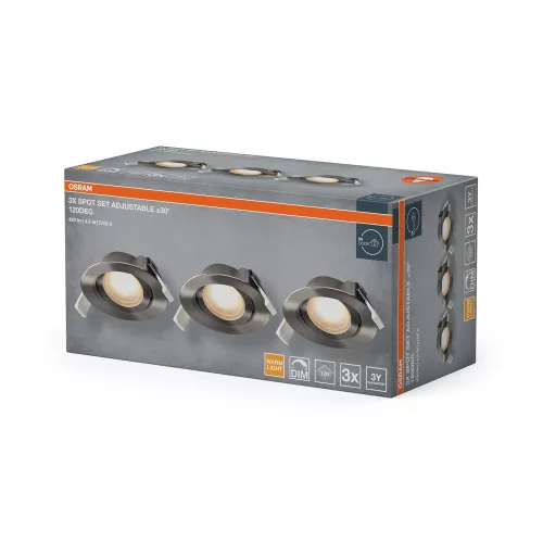 3 db süllyesztett halogén LED mennyezeti spotlámpa, kerek, 4,9 W, 200 lm, 2700 K, meleg, szabályozható, szatén nikkel, süllyesztett Osram