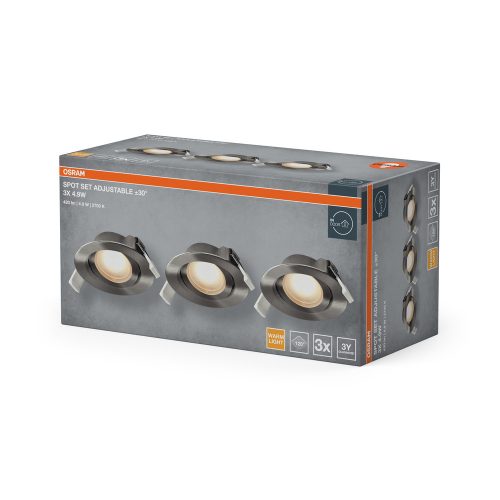 3 db süllyesztett halogén LED mennyezeti spotlámpa, mozgatható, kerek, 4,9 W, 200 lm, 2700 K, meleg nikkel, szatén, süllyesztett, Osram