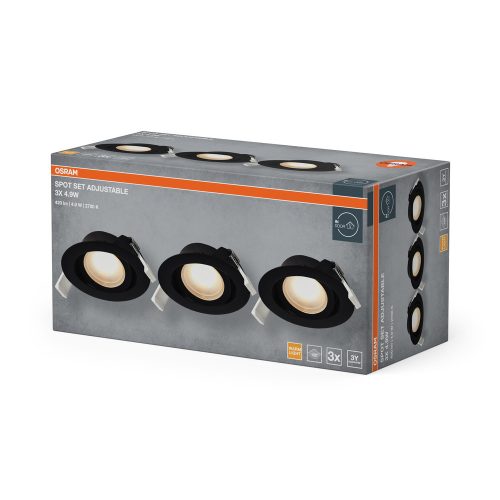 3 db süllyesztett halogén LED mennyezeti spotlámpa, mozgatható, kerek, 4,9 W, 190 lm, 2700 K, meleg fekete, süllyesztett, Osram
