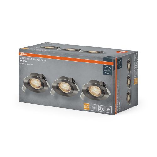 3 db süllyesztett halogén LED mennyezeti spotlámpa, mozgatható, kerek, 4,9 W, 270 lm, 2700 K, meleg nikkel, szatén, süllyesztett, Osram