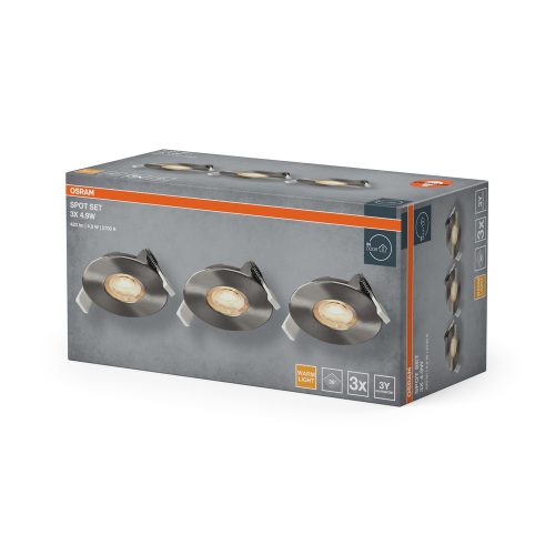 3 db süllyesztett halogén LED mennyezeti spotlámpa, kerek, 4,9 W, 270 lm, 2700 K, meleg nikkel, szatén, süllyesztett, Osram