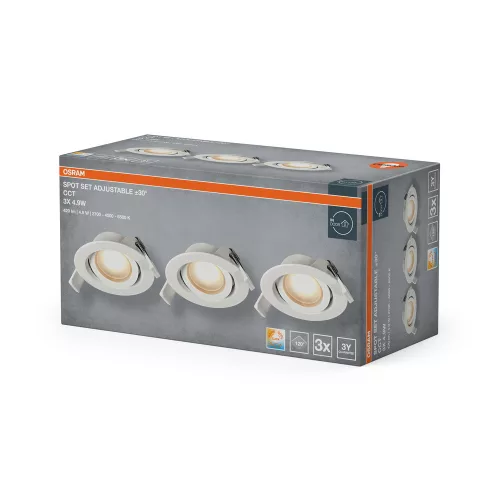 3 db süllyesztett halogén LED mennyezeti spotlámpa, mozgatható, kerek, 4,9 W, 230 lm, 2700/4000/6500 K CCT fehér spotlámpa, süllyesztett, Osram