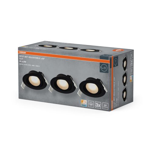 3 db süllyesztett halogén LED mennyezeti spotlámpa, mozgatható, kerek, 4,9 W, 200 lm, 2700/4000/6500 K CCT, fekete spotlámpa, süllyesztett, Osram