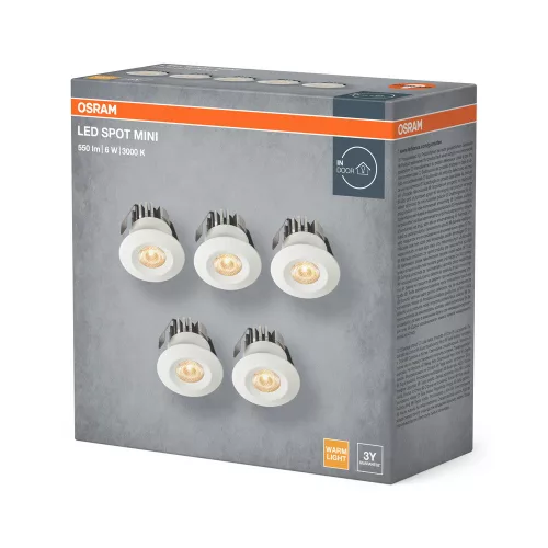 5 db-os LED mennyezeti lámpa szett, süllyesztett spotlámpa, hermetikus, IP44, fürdőszoba, kerek, 6W, 480lm, 3000K, meleg, szabályozható, IP44, fehér, mini Osram