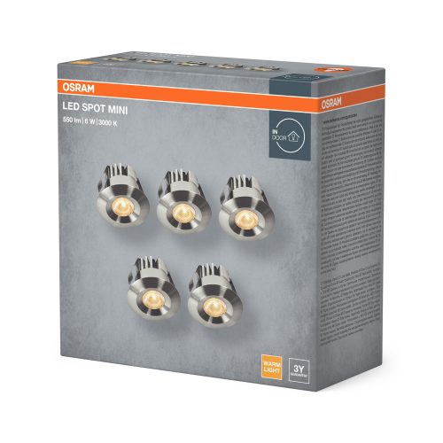 5 db-os LED mennyezeti lámpa szett, süllyesztett spotlámpa, hermetikus, IP44, fürdőszoba, kerek, 6W, 480lm, 3000K, meleg, IP44, szatén nikkel, mini Osram